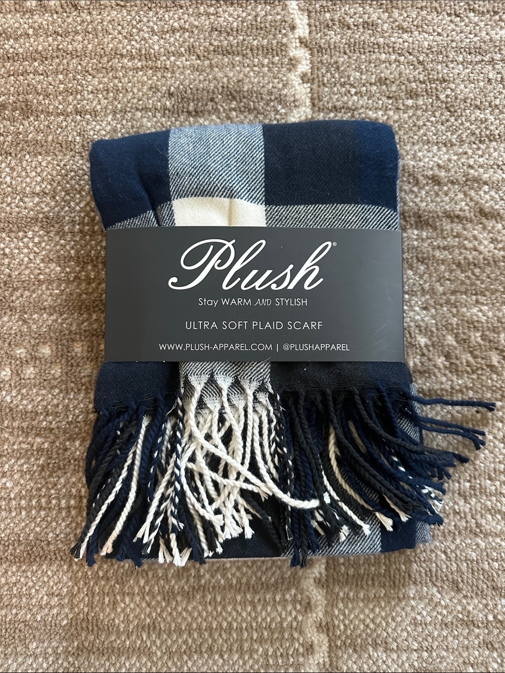 Plush Ultra Soft Navy & Cream Plaid Scarf